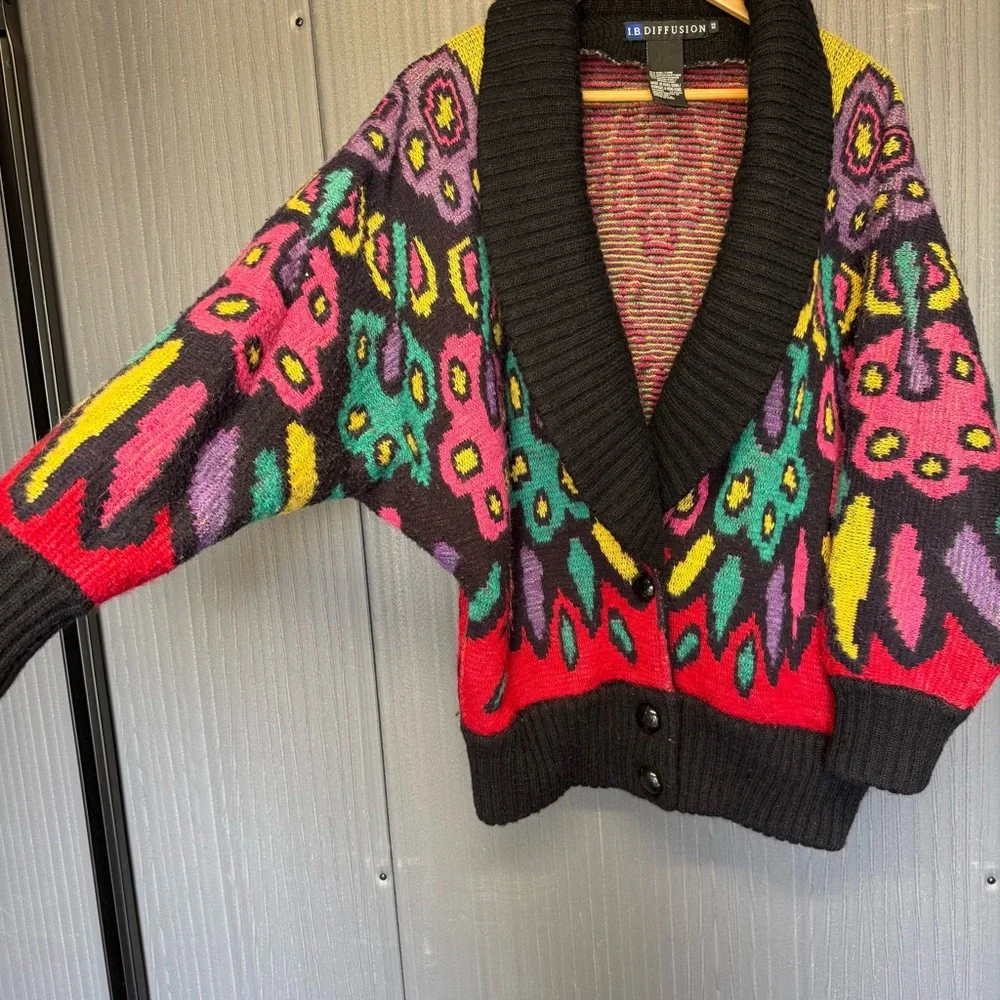 VTG IB DIFFUSION Sweater Cardigan Colorful Pattern Oversized Collar Lapel XS